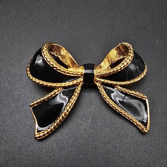 Kenneth Jay Lane for Avon Enhancer Pendant Gold Tone Bow Black Enamel - Picture 5 of 10